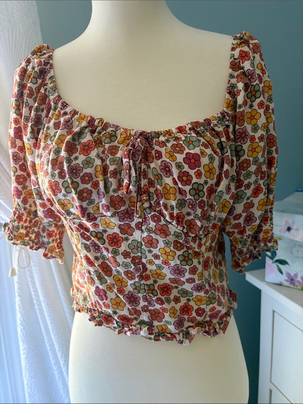 Floral Puff-Sleeve Square Neck Crop Top - Pink Multi